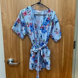Blue and White stripe Floral Belted Romper with Pockets